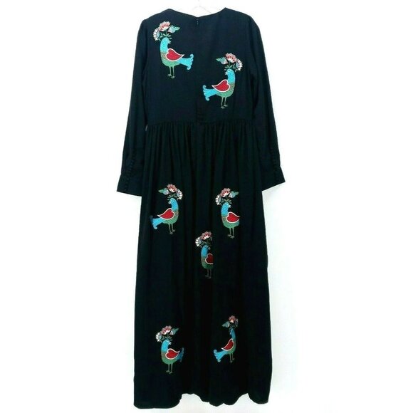PEPALOVES Birds Embroidered NWT Black Maxi Dress Long-size S - Picture 5 of 11